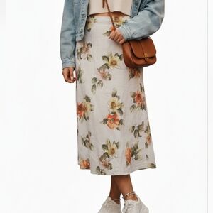 Newport News Linen Blend Floral Maxi Skirt Cream Sz 18